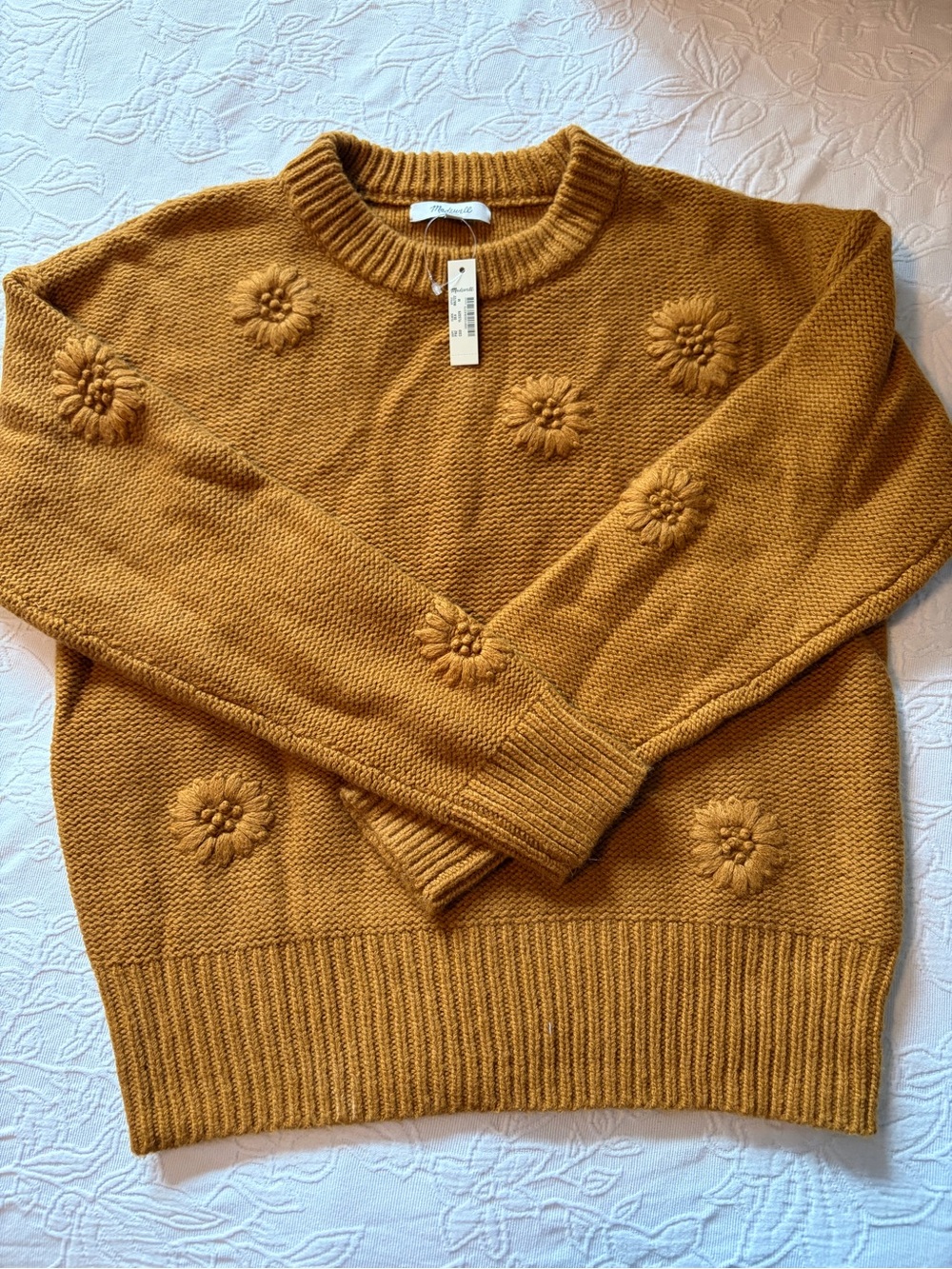 Madewell Mustard Floral Appliqué Crewneck Sweater med new